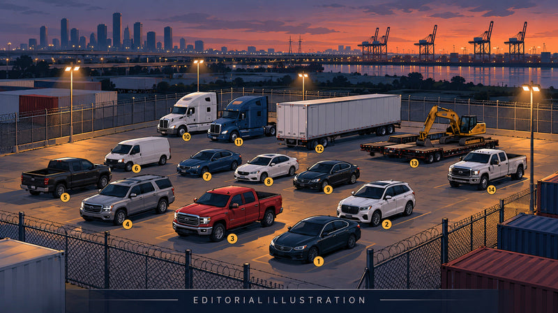 Original editorial illustration of 14 recovered vehicles at a secured northeast Harris County truck lot, with distant port cranes. Not a scene photograph.