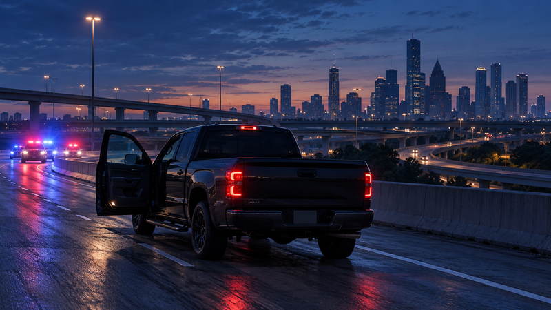 Editorial illustration of an abandoned pickup truck on a Houston-area freeway after a police pursuit, with emergency lights in the distance; not a scene photograph