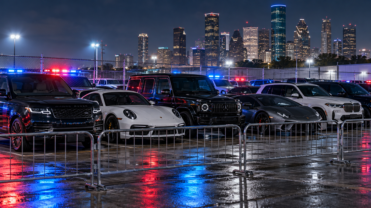 Original illustration of luxury vehicles recovered during a Houston auto-theft investigation