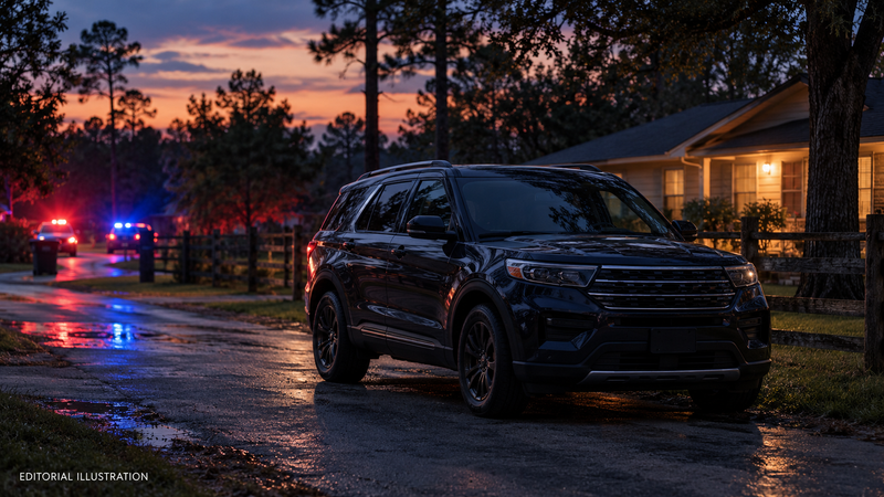 Editorial illustration of a dark SUV on a semi-rural Magnolia street with distant emergency lights; not a scene photograph.