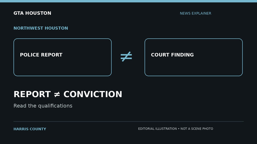 Editorial illustration for Northwest Houston pursuit: suspected theft and confirmed facts. REPORT ≠ CONVICTION. Not a scene photograph.