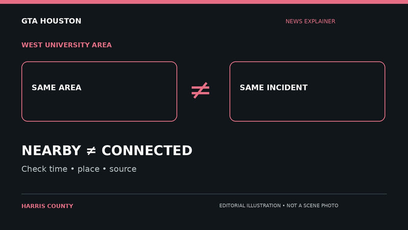 Editorial illustration for West University chase report: keep separate incidents separate. NEARBY ≠ CONNECTED. Not a scene photograph.
